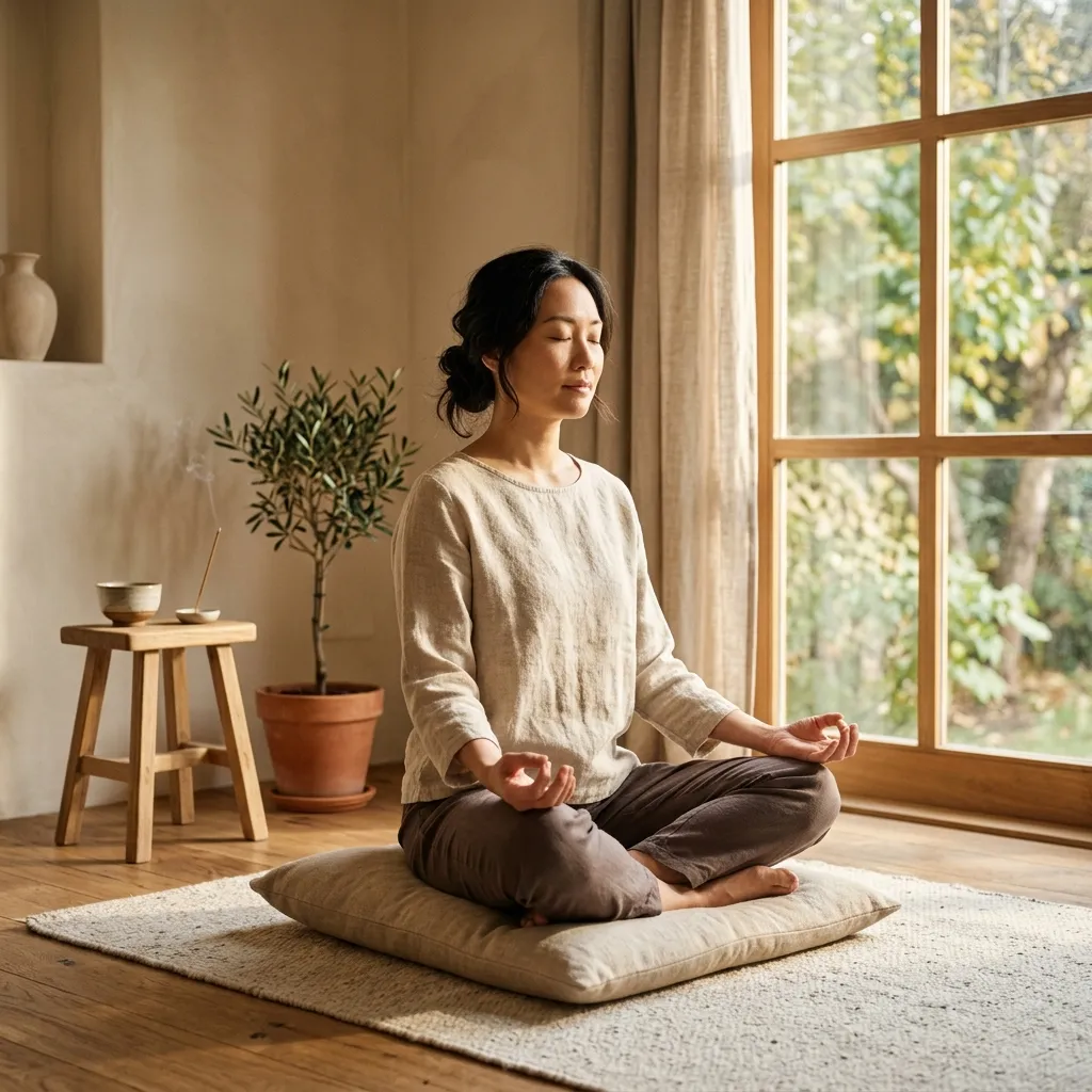 Student seated in a calm meditation posture with eyes closed