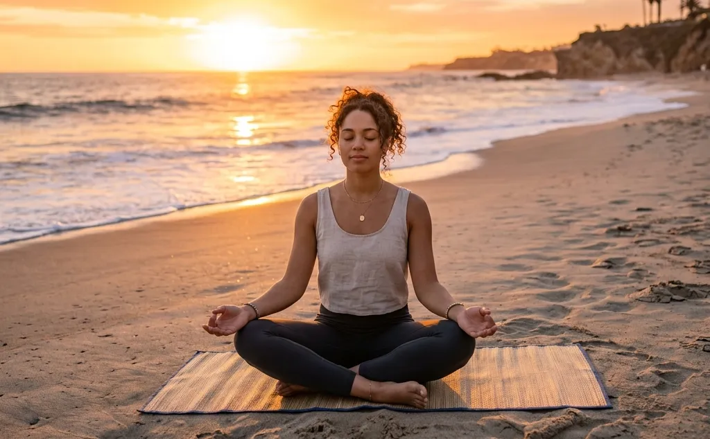 Person meditating peacefully on a beach at sunset with golden light