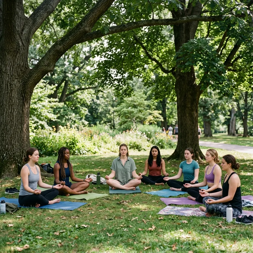 Group of people practising mindful meditation together under large shade trees in a park